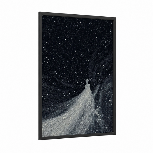 Starry Ascension framed space print — black wood frame — black and white and white palette