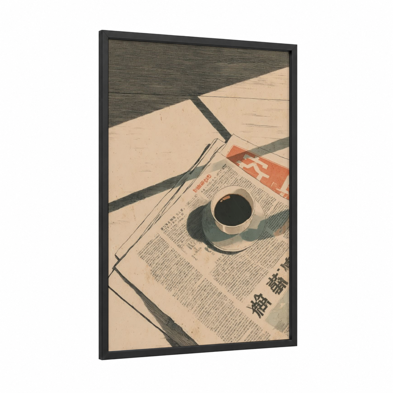 Morning Coffee Break framed art print — black wood frame — beige and gray palette