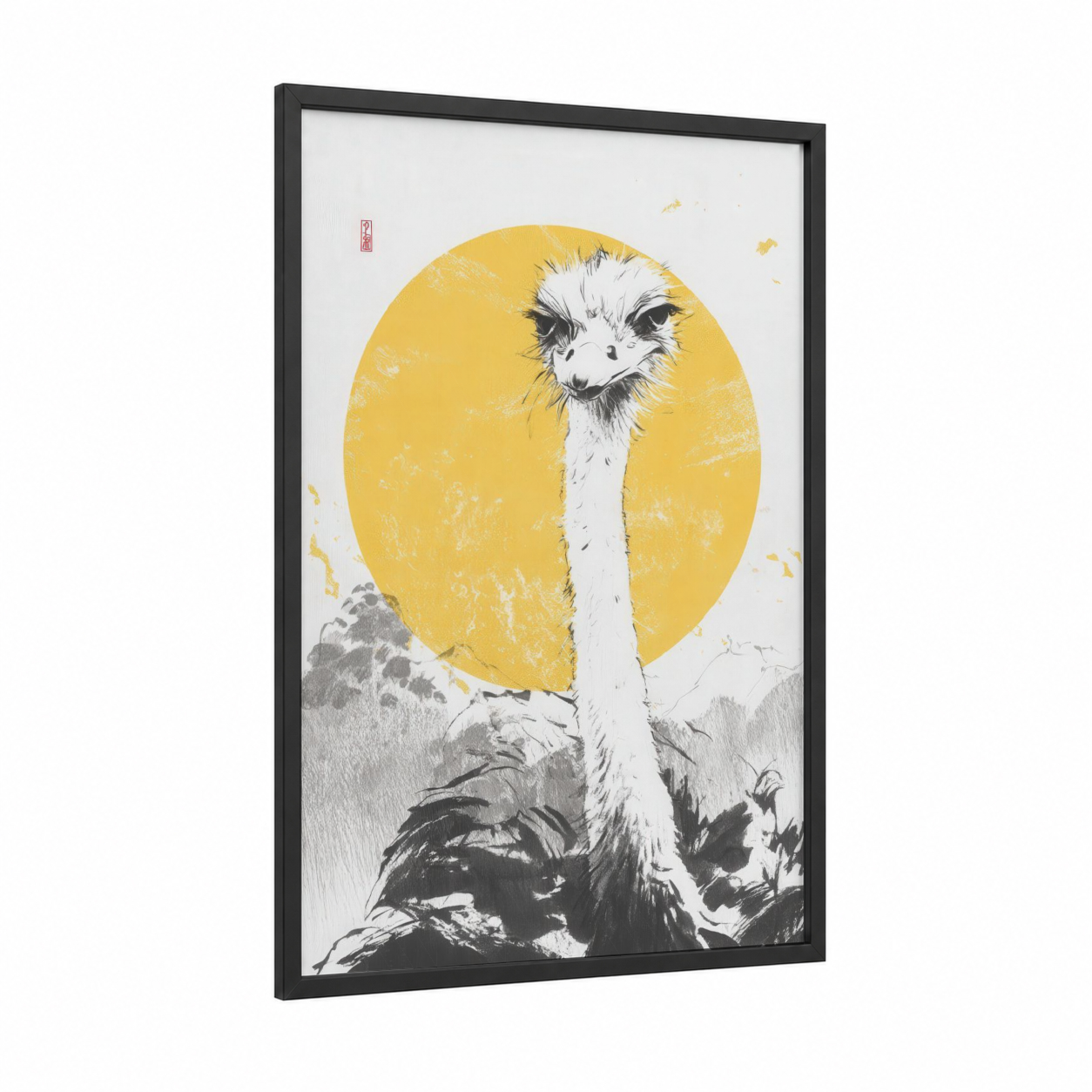Golden Ostrich framed art print — black wood frame — yellow gold and black and white palette