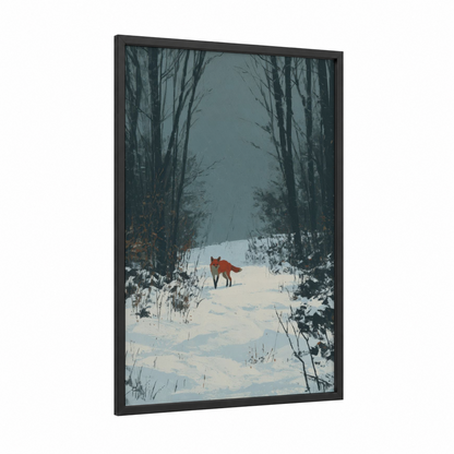 Crimson Fox Winter framed art print — black wood frame — blue and white and gray palette