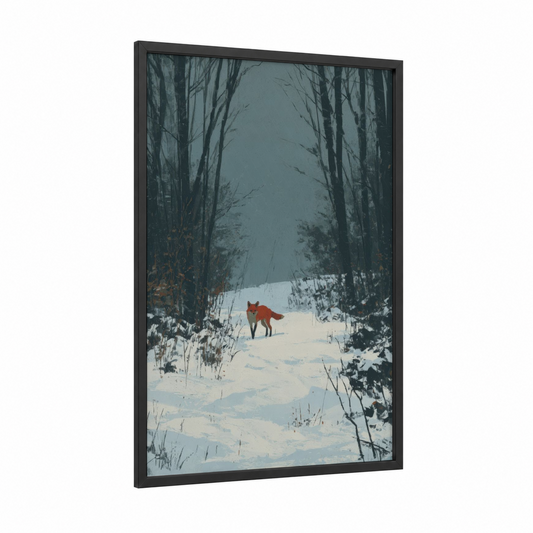 Crimson Fox Winter framed art print — black wood frame — blue and white and gray palette
