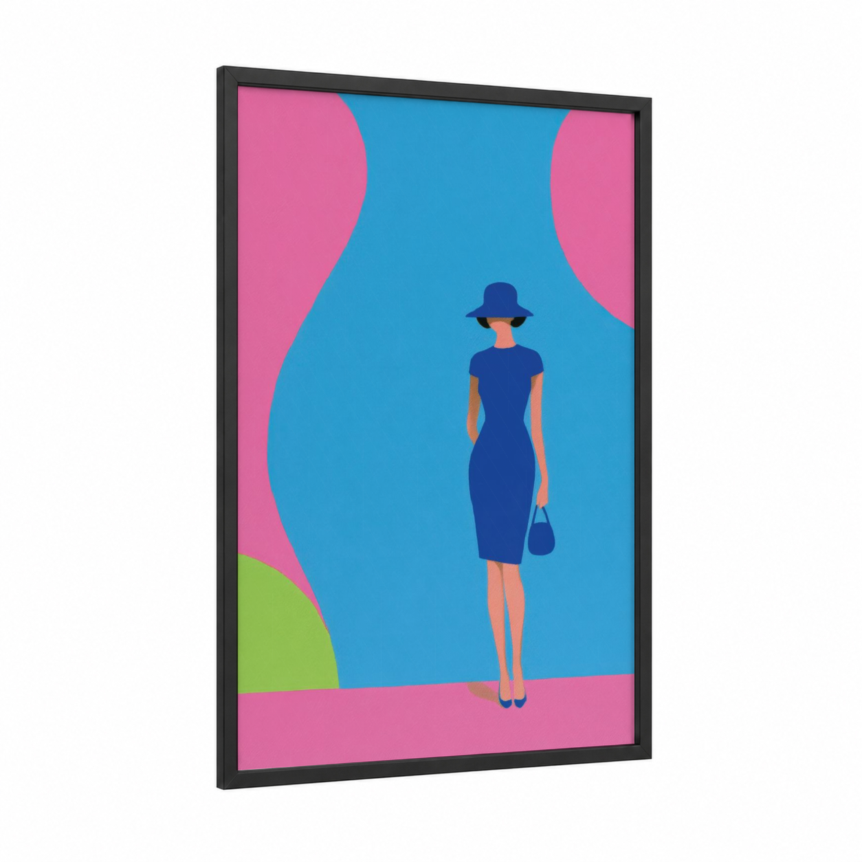 Chic Fashion Portrait framed fashion illustration print — black wood frame — blue and pink palette
