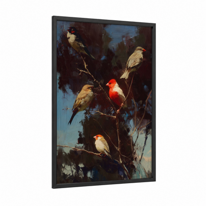 Cardinal Finch Gathering framed art print — black wood frame — red and blue palette