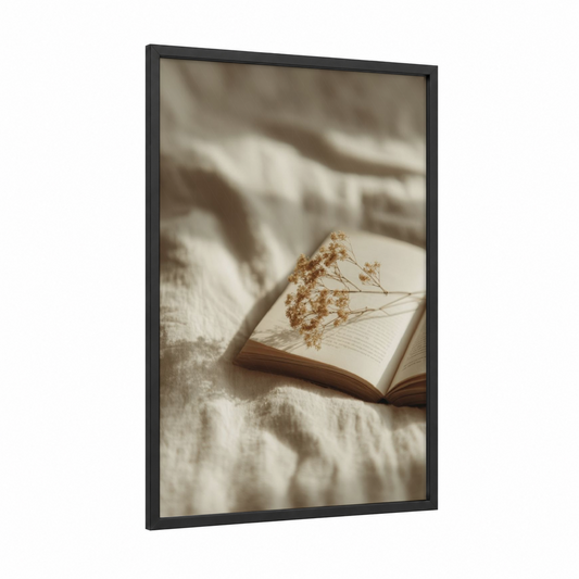 Cozy Reading Moment framed art print — black wood frame — cream and dove gray palette