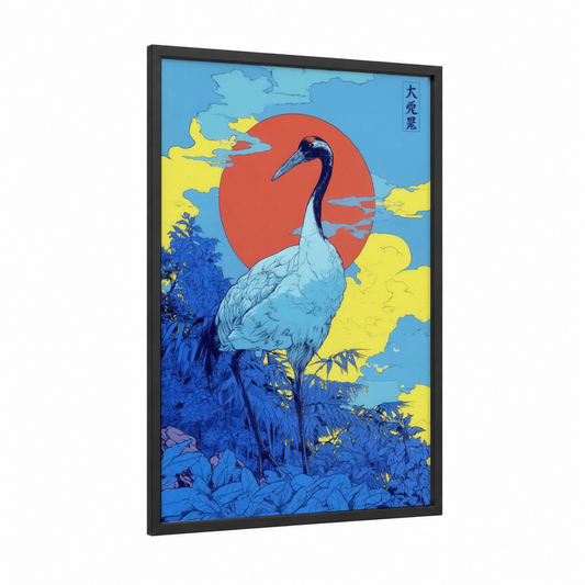 Crimson Sunrise Crane framed art print — black wood frame — blue and red palette