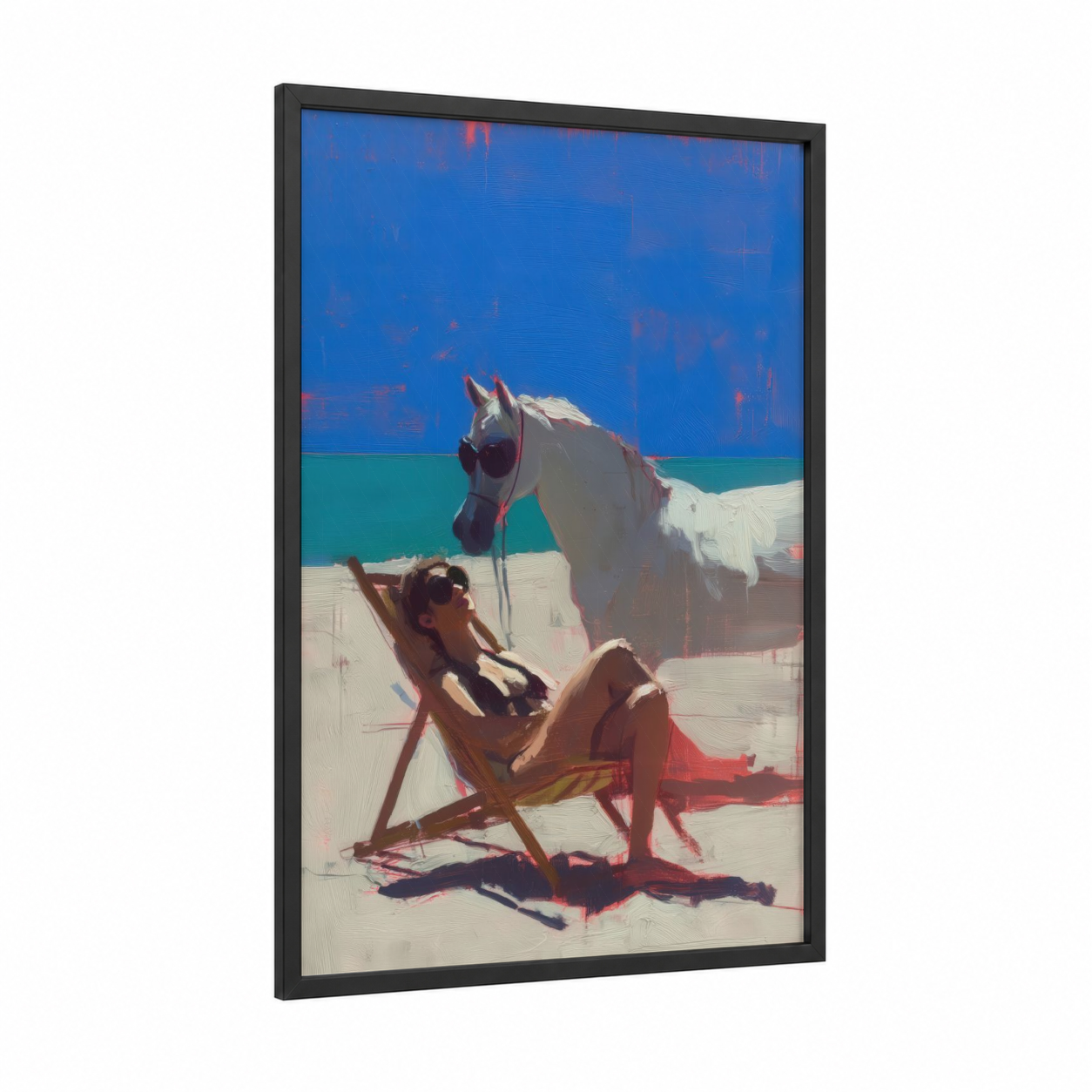 Beach Arabian Horse framed art print — black wood frame — blue and teal palette