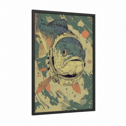 Astronaut Tarpon framed art print — black wood frame — teal palette