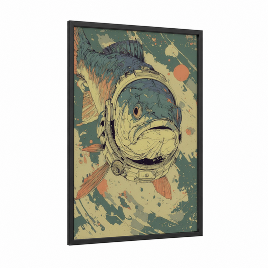 Astronaut Tarpon framed art print — black wood frame — teal palette