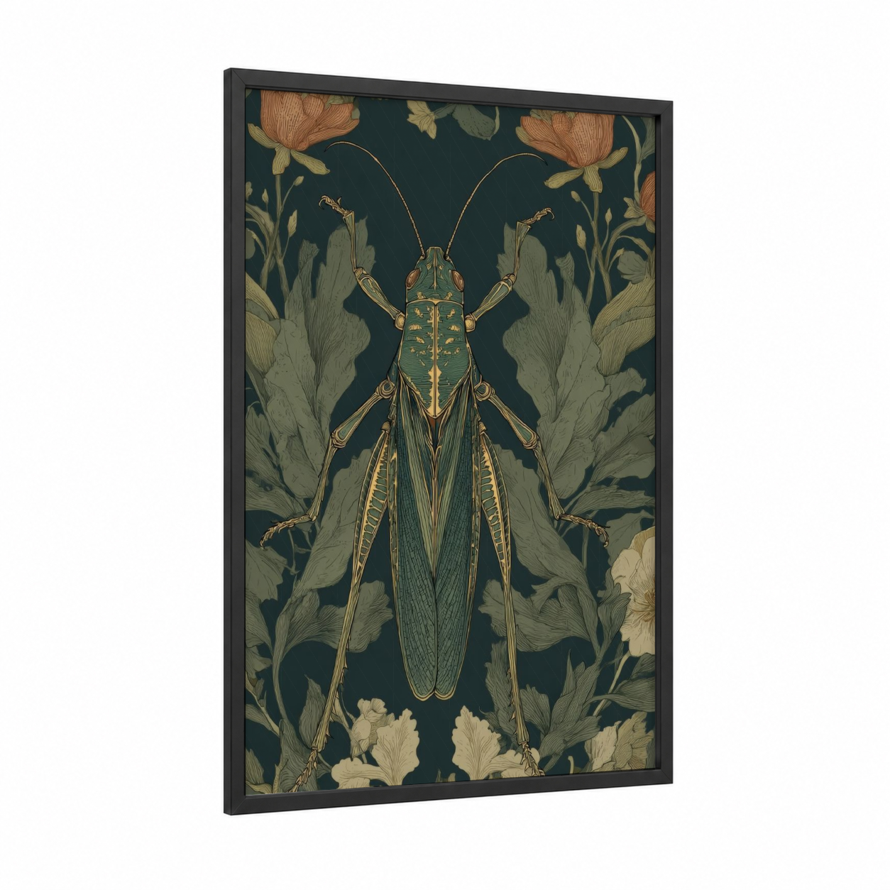 Golden Grasshopper framed art print — black wood frame — gold and dark green palette