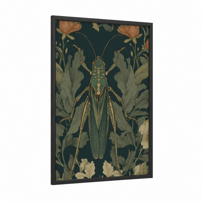 Golden Grasshopper framed art print — black wood frame — gold and dark green palette
