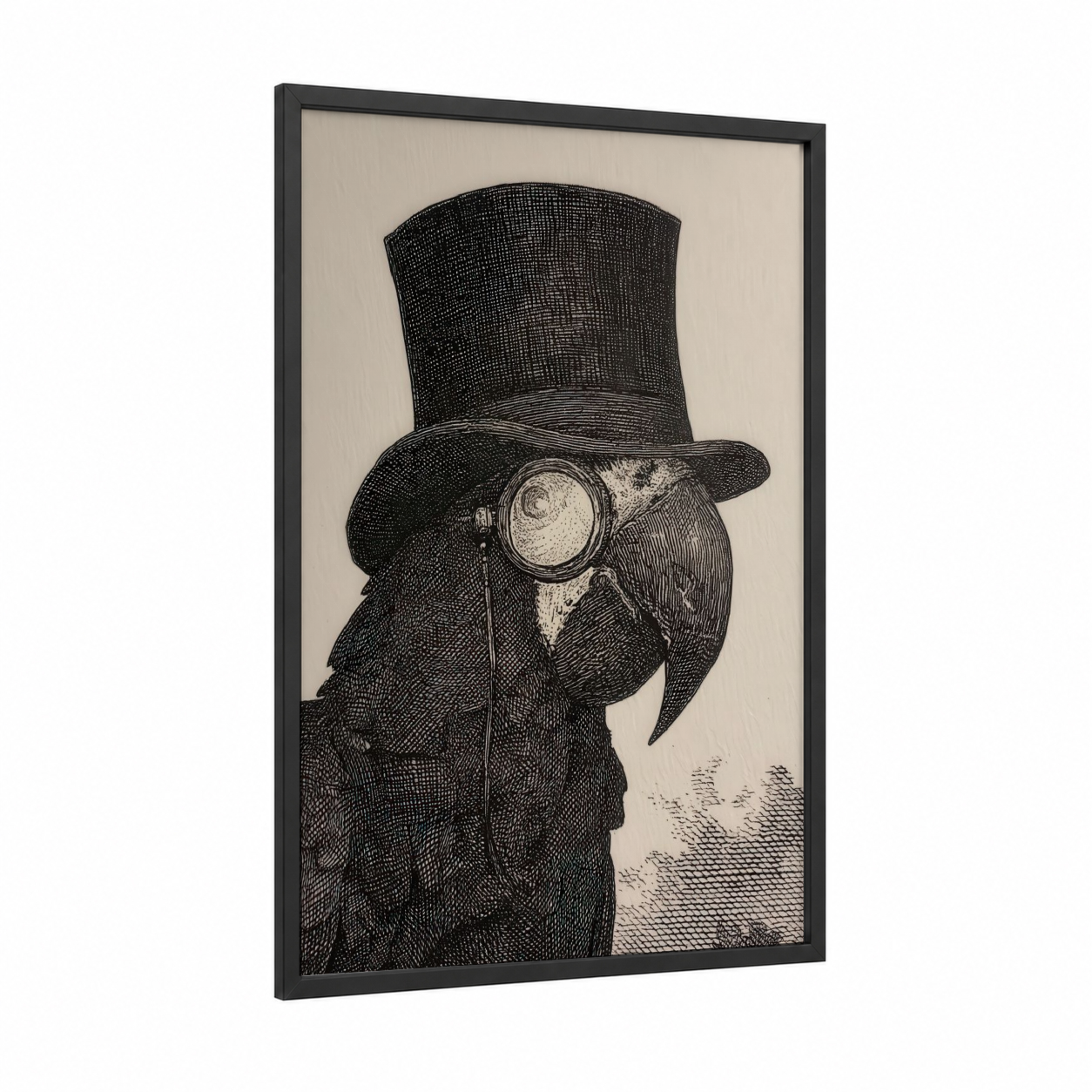 Steampunk Macaw framed art print — black wood frame — black and white palette