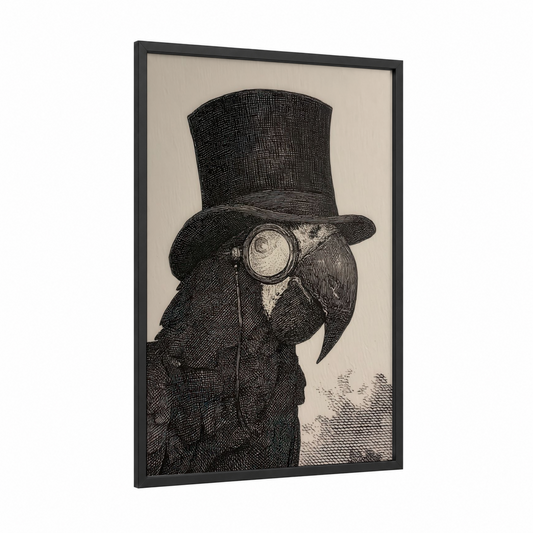 Steampunk Macaw framed art print — black wood frame — black and white palette