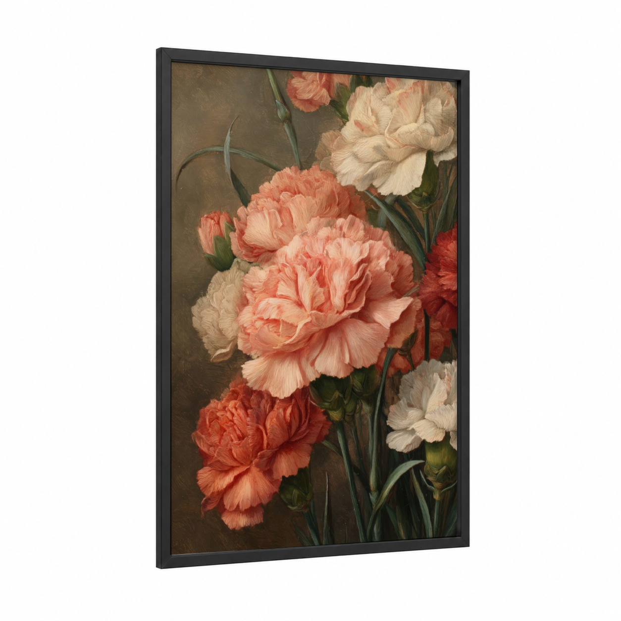 Coral Carnation Elegance framed carnations print — black wood frame — peach and cream palette
