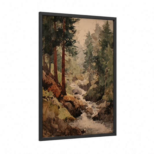 Forest Stream Redwoods framed redwood tree print — black wood frame — russet and sage green palette