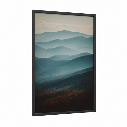 Misty Ridge Layers framed blue ridge mountains print — black wood frame — teal and sage green palette