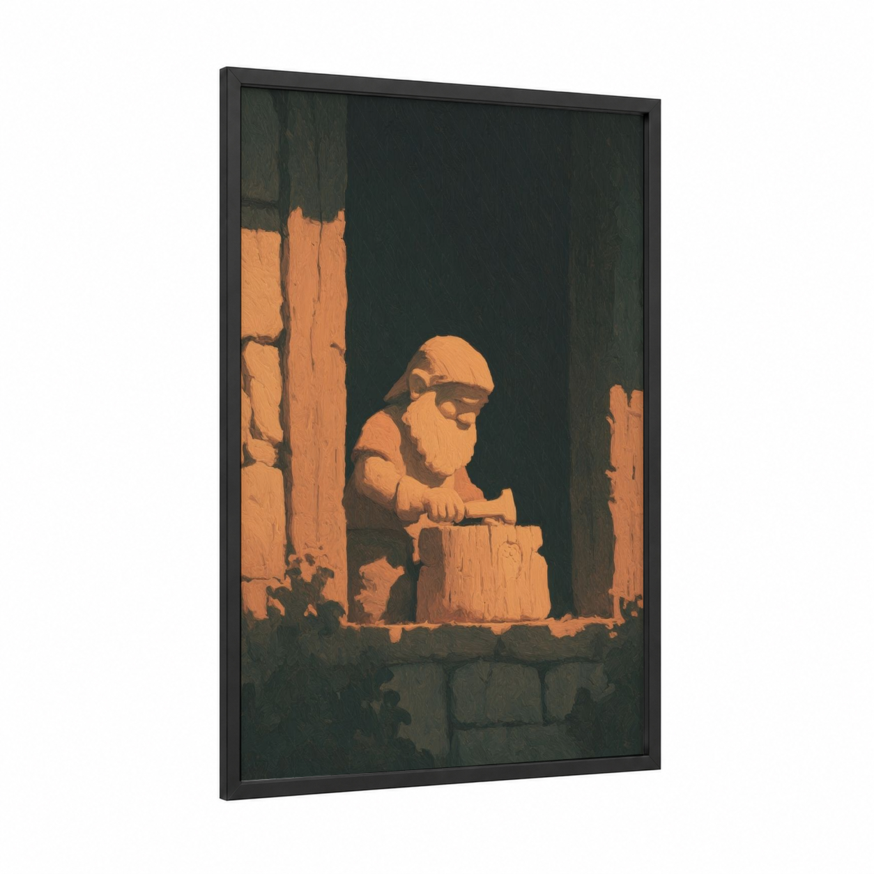 Stonework Dwarf framed dwarves print — black wood frame — orange and black palette
