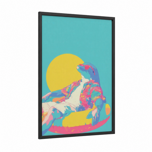 Colorful Dolphin framed dolphins print — black wood frame — blue and yellow gold palette