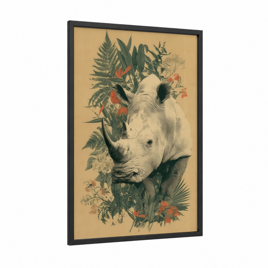 Botanical Rhino framed art print — black wood frame — cream and olive palette