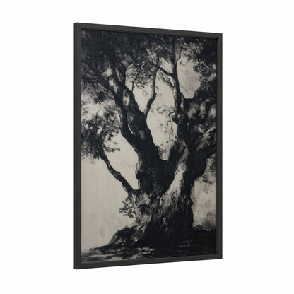 Ancient Banyan Tree framed art print — black wood frame — black and white palette