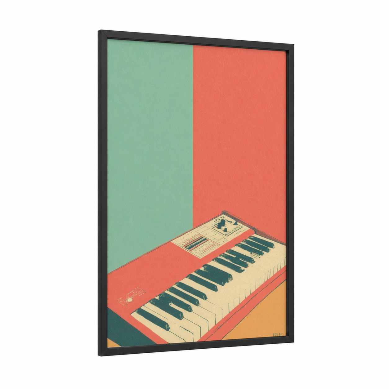 Retro Keyboard framed art print — black wood frame — light green and salmon pink palette