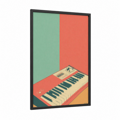 Retro Keyboard framed art print — black wood frame — light green and salmon pink palette