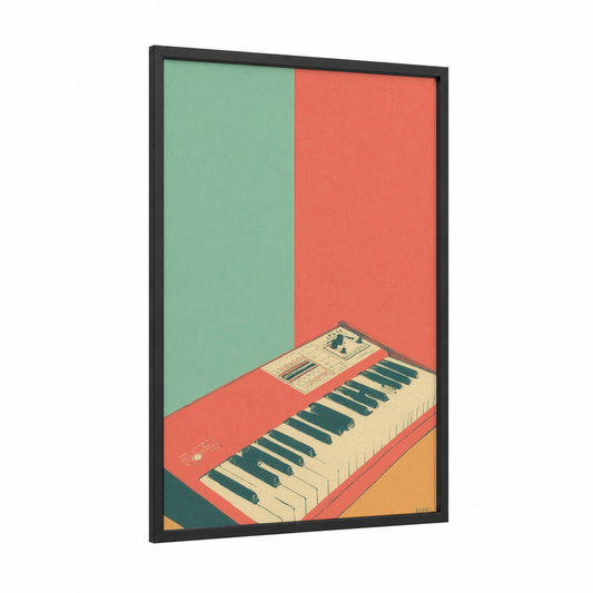 Retro Keyboard framed art print — black wood frame — light green and salmon pink palette