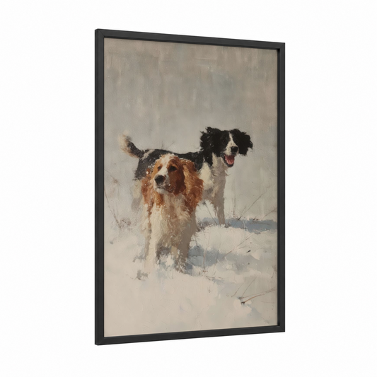 Snowy Spaniel Pair framed art print — black wood frame — cream and gray and white palette