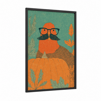 Harvest Gentleman Beaver framed thanksgiving print — black wood frame — orange and sage green palette