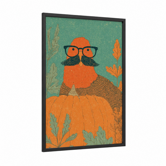 Harvest Gentleman Beaver framed thanksgiving print — black wood frame — orange and sage green palette