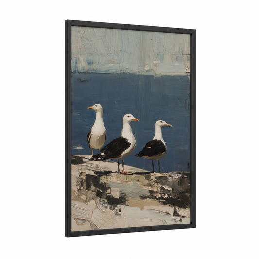 Waterside Seagulls framed art print — black wood frame — blue and white and dove gray palette