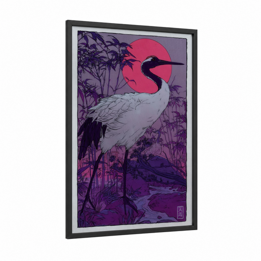 Crimson Sunset Crane framed art print — black wood frame — magenta and purple palette