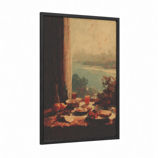 Waterside Breakfast framed art print — black wood frame — gold and russet palette