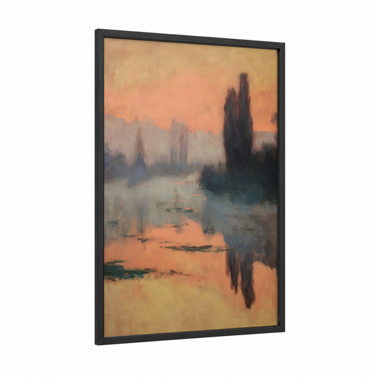 Misty Dawn Reflection framed art print — black wood frame — peach and dove gray palette