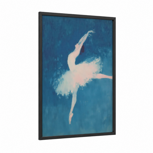 Ethereal Ballerina framed ballet print — black wood frame — blue and cream palette