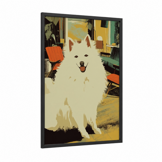 Happy Spitz Companion framed art print — black wood frame — mustard and orange palette