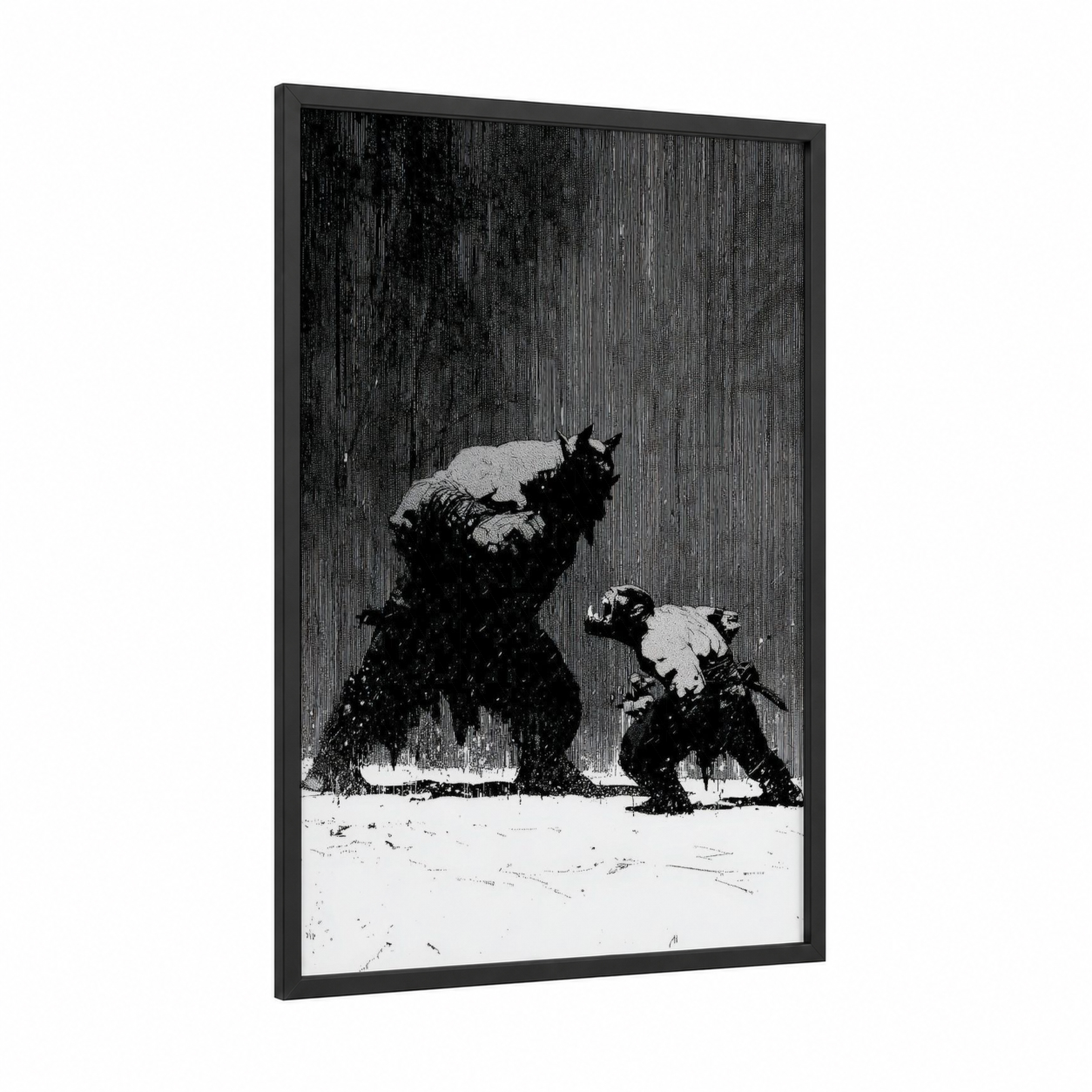 Snowy Orc Battle framed art print — black wood frame — black and white palette