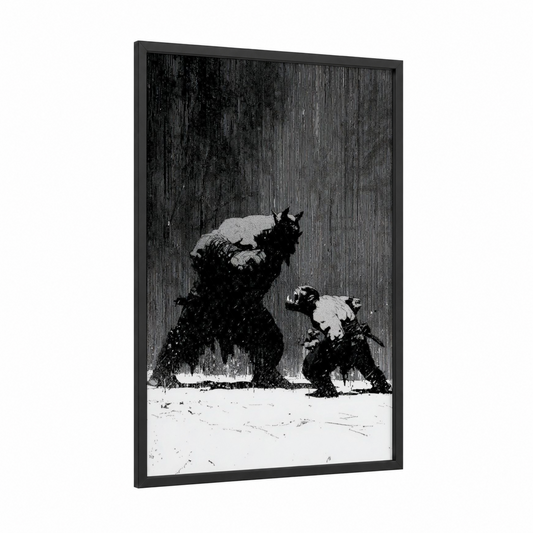 Snowy Orc Battle framed art print — black wood frame — black and white palette