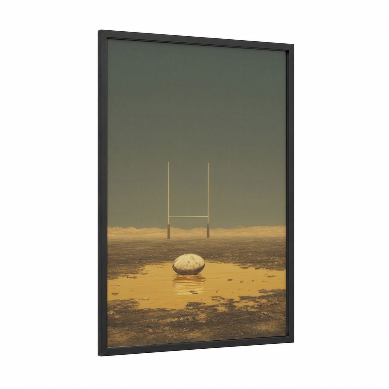 Desert Rugby Goal framed art print — black wood frame — yellow gold and dove gray palette