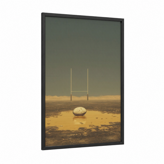 Desert Rugby Goal framed art print — black wood frame — yellow gold and dove gray palette