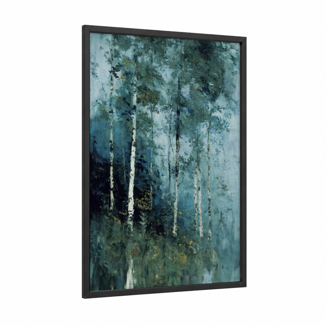 Misty Birch Forest framed birch tree print — black wood frame — teal and blue and white palette