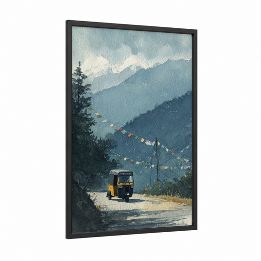 Mountain Rickshaw framed art print — black wood frame — blue and white and gold palette