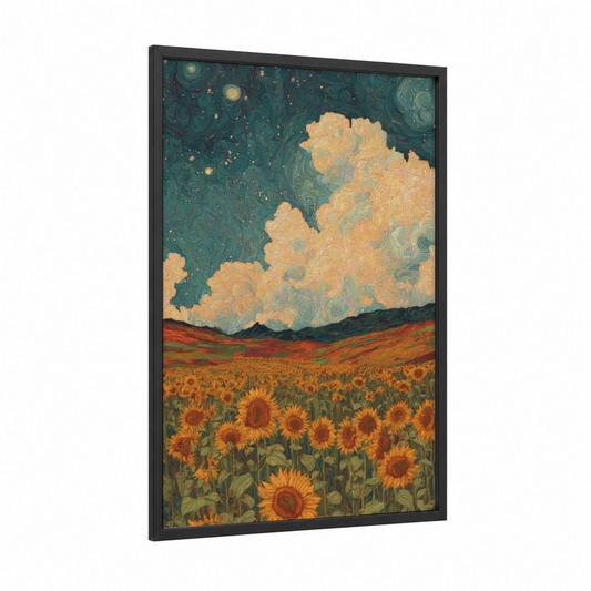 Golden Sunflower Dream framed sunflower field print — black wood frame — gold and teal palette