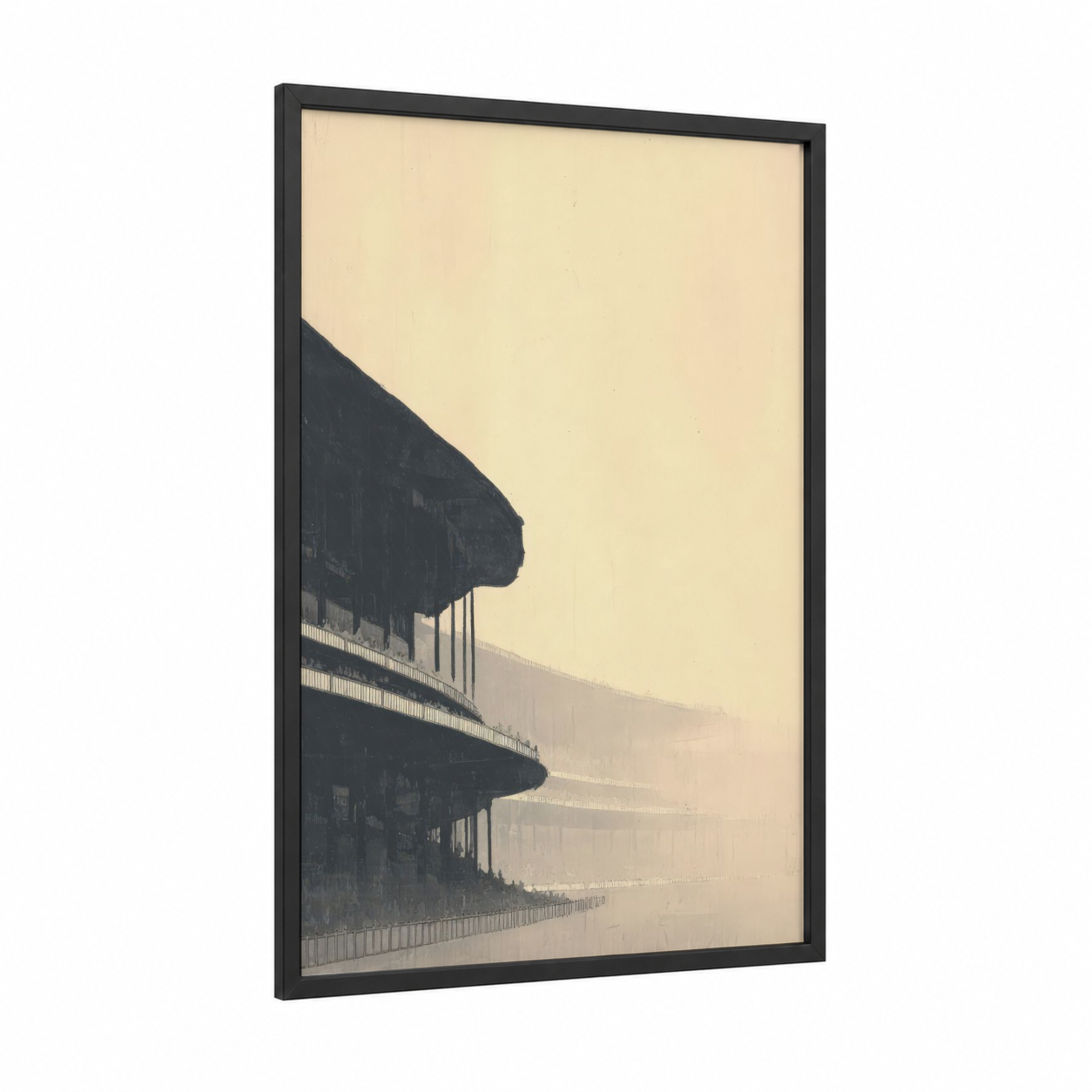 Misty Stadium framed stadiums and fields print — black wood frame — cream and black and white palette