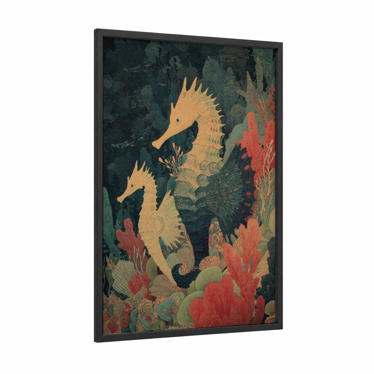 Golden Seahorse Pair framed sea horse print — black wood frame — gold and teal palette