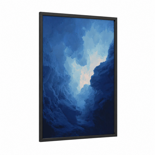 Glacial Canyon framed glacier print — black wood frame — blue and white palette