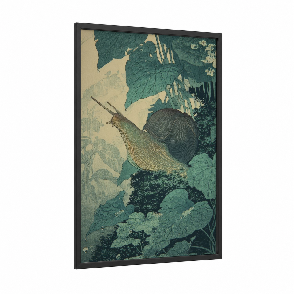 Garden Snail framed art print — black wood frame — green and cream palette