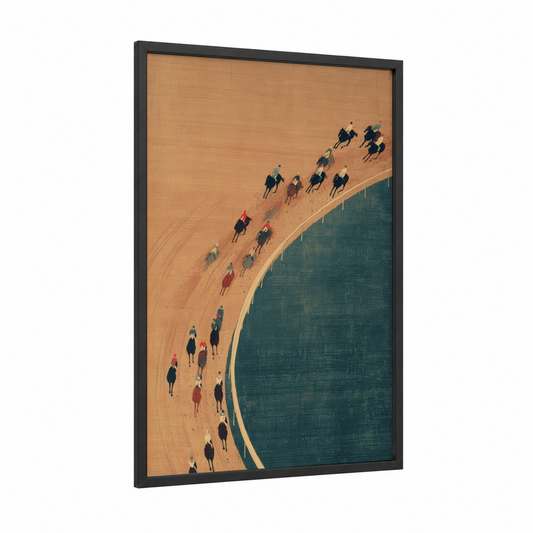 Desert Caravan framed horse racing print — black wood frame — orange and teal palette