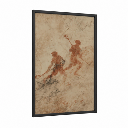 Ancient Lacrosse framed art print — black wood frame — russet and beige palette