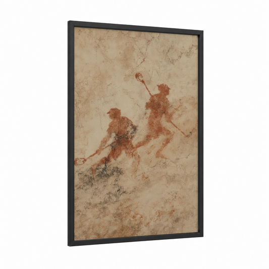 Ancient Lacrosse framed art print — black wood frame — russet and beige palette