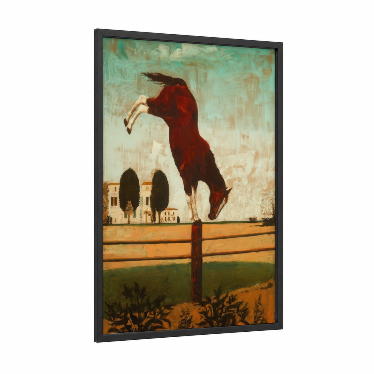 Rearing Quarter Horse framed art print — black wood frame — red and sage green palette